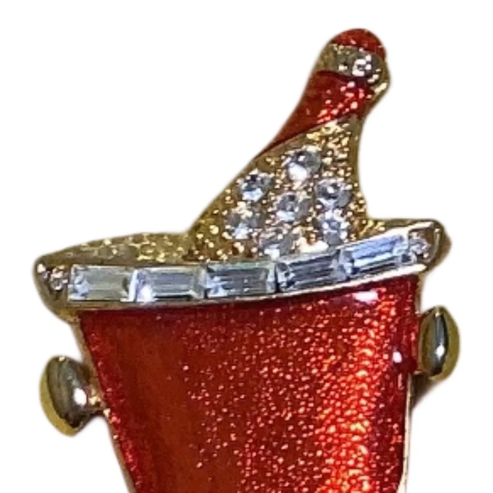 Kirk’s Folly Brooch Champagne Bucket Red Glitter Enamel Rhinestone Celebration
